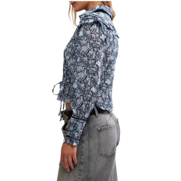 Free People Printed Daybreak Chambray Combo Blouse Floral Ruffled Cotton Small - Picture 13 of 14